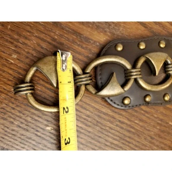 Womens L/XL Chocolate Ruched Elastic Cinch Wide Belt Brass Hook Art Deco Studded - Picture 7 of 14